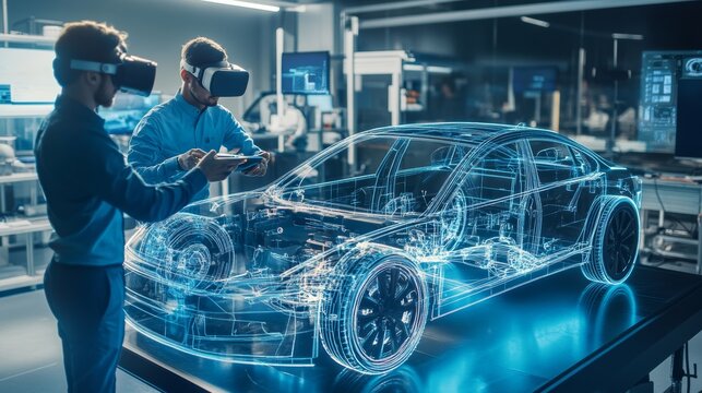 Team of automotive engineers collaborating on electric car prototype in virtual reality lab