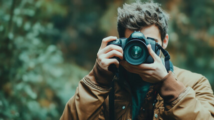 Professional photographer taking pictures with a DSLR camera