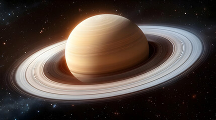 Fototapeta premium A close-up view of a gas giant with prominent rings against a starry backdrop.