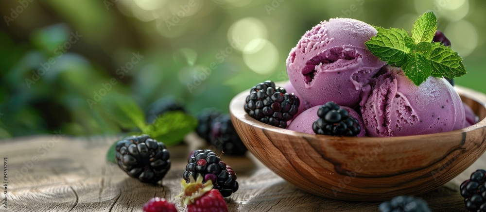 Aufkleber a summer dessert showcasing blackberry ice cream in a rustic wooden bowl adorned with fresh berries 