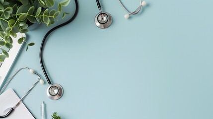 Medical equipment arranged on a light blue background with green accents