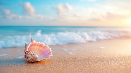 A beautiful seashell with intricate patterns and colors, resting on a sandy beach with waves gently lapping at the shore.