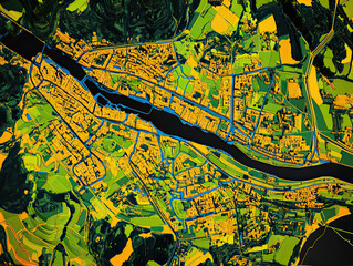 Fototapeta premium Technical aerial visual, 3D LiDAR GIS aerial map satellite scan model isolated, showing Freiburg im Breisgau, Germany. Elevation, topography, render