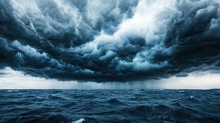 Dramatic storm clouds loom over a turbulent ocean, showcasing a powerful nature scene filled with energy and emotion.