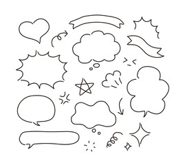 Set of hand drawn funny doodle cartoon illustrations. Speech bubble, heart, star, arrow, ribbon, expression, effect.