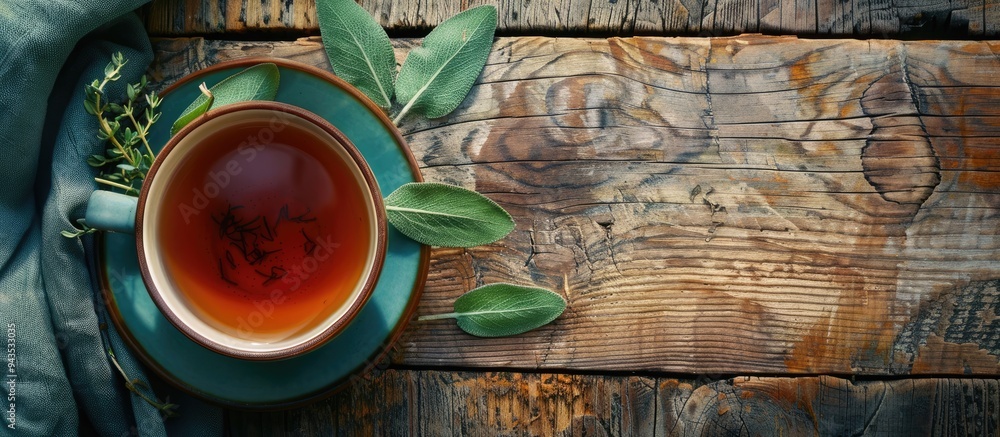 Poster Top view of a cup of fragrant herbal tea with sage on a wooden table ideal for adding text Includes copy space image
