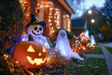 Obraz premium A playful Halloween front yard with smiling jack-o'-lanterns, friendly scarecrows, colorful bunting, and cute ghost figures peeking out from behind bushes, all under the glow of fairy lights