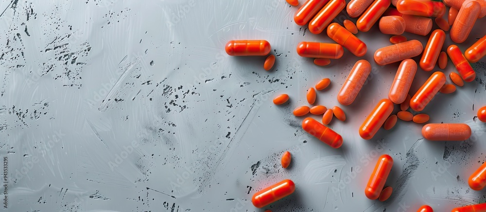 Poster Top view of numerous antibiotic pills on a gray background with space for text ideal for a copy space image of medicinal treatment