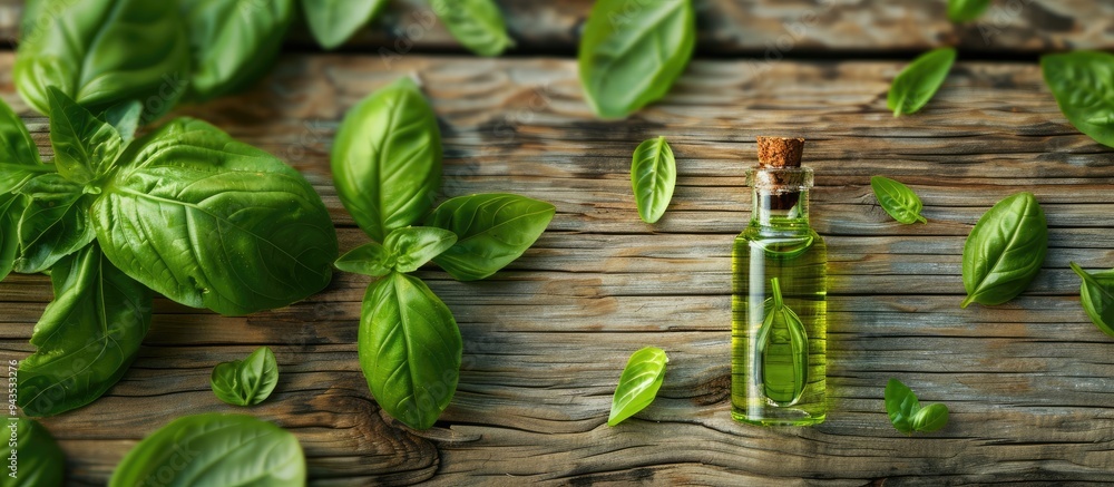 Poster fresh basil leaves and essential oil displayed on a wooden background for aromatherapy and herbal me