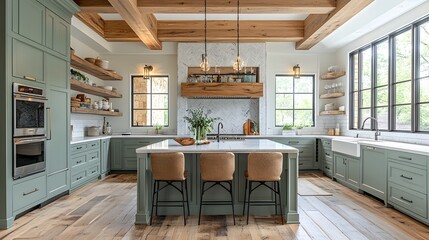 Bright and modern sage green kitchen featuring teal cabinets, wooden beams, and spacious island. 