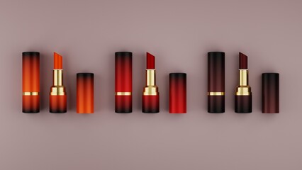 Lipsticks. Realistic 3d vector illustration. Set of red lipstick on a dark background