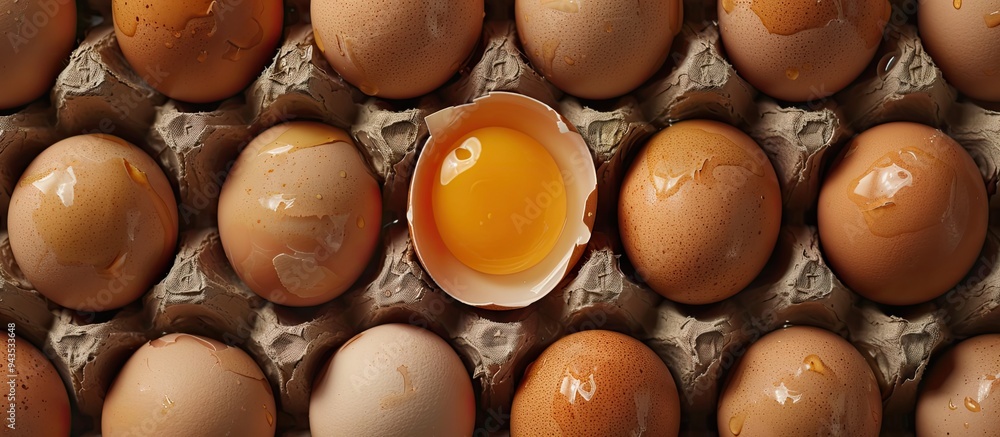 Poster top view of a cracked egg with yolk on fresh brown eggs in a carton creating a raw organic food back