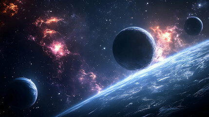 A close-up view of a planet in space with a nebula in the background.