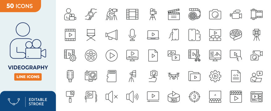 videography line editable icon set. Editable stroke. Vector illustration	