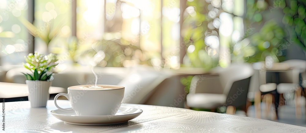 Poster morning coffee on a table in a cafe setting with a background suitable for a copy space image