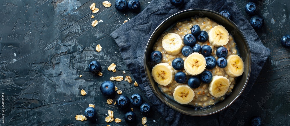 Aufkleber top down view of a healthy oatmeal bowl adorned with blueberries and banana slices accompanied by ad