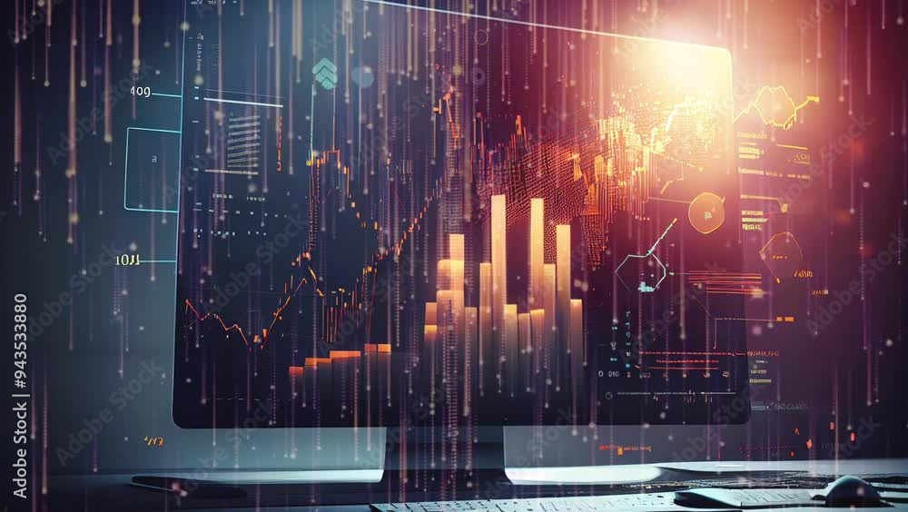 Poster an innovative digital workspace showcasing advanced data visualization and analytics for the finance