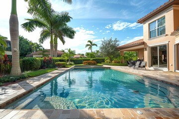 Fototapeta premium Upscale South Florida Home Pool Area with Palm Trees, Quiet and Peaceful Backyard, and Community Vibes