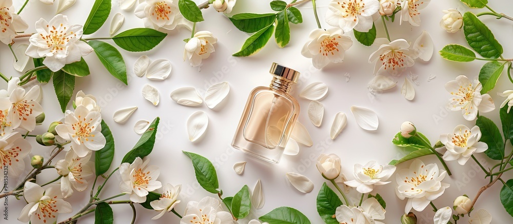 Poster White background with a fragrant perfume bottle and lovely jasmine flowers in a flat lay composition providing room for text in the copy space image