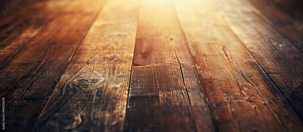 Poster macro close up of a vintage style wooden table with a grainy texture providing an empty format for a