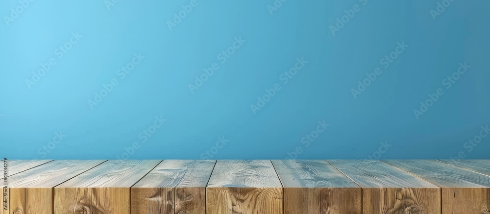 Poster wooden table with no items on top set against a blue wall ideal for showcasing products or ads ideal