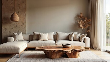 Modern Minimalist Living Room with Natural Elements, Living room furniture architecture, coffee table near beige sofa against stucco wall with sand stone wall decor. Boho