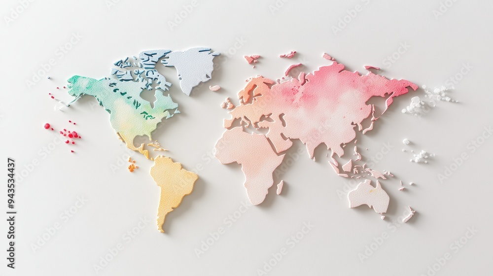 Sticker watercolor map with splattered effects, a watercolor world map with splattered paint accents, adding