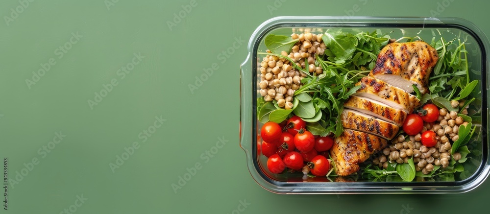 Aufkleber Glass container with a fresh salad chicken and buckwheat on a green background viewed from above leaving room for text in the image. Creative banner. Copyspace image