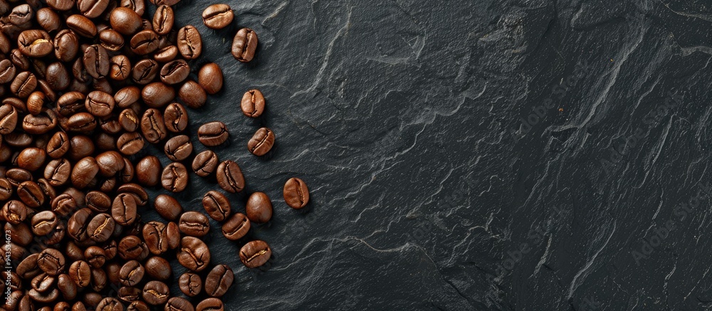 Aufkleber a top view closeup of freshly roasted coffee beans on a black stone background providing ample copy 