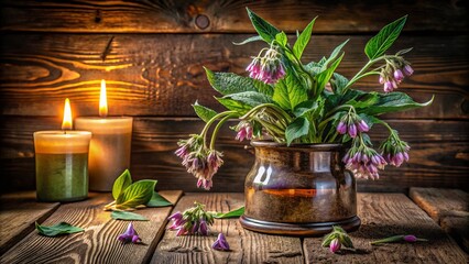 Wilted comfrey flowers in a vintage apothecary jar evoke a sense of nostalgia and traditional herbalism, capturing the essence of a bygone era, with a worn and weathered aesthetic, distressed wood