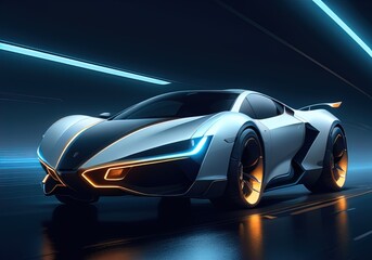 Futuristic black sports car in neon light. ai generative