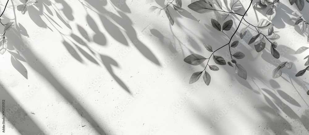 Poster white concrete surfaces with leaf and branch shadows creating a natural pattern of light gray shadow
