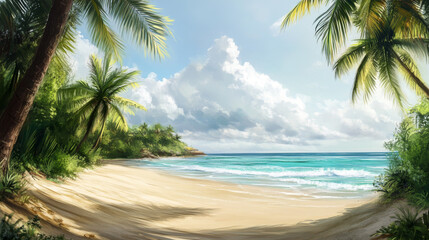 Obraz premium Scenic view of a tropical beach with palm trees
