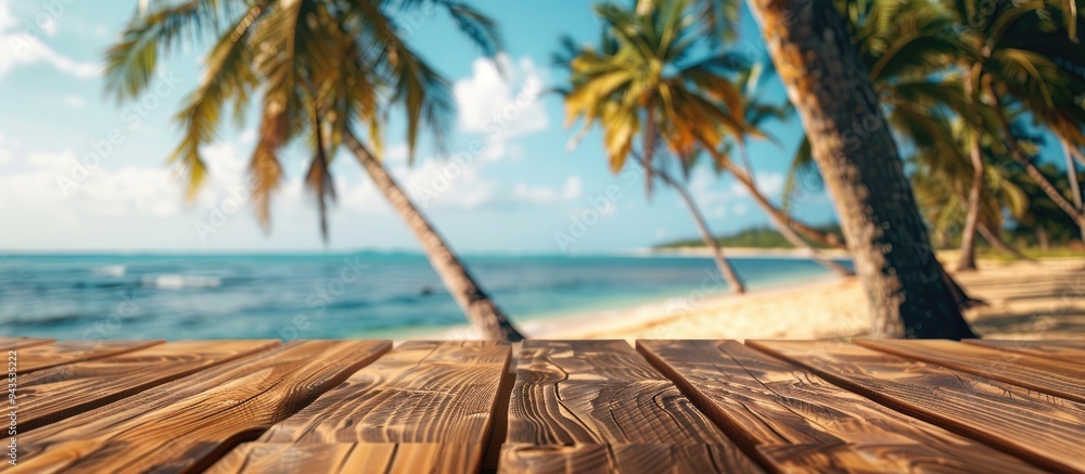 Poster A wooden table set against a blurred summer beach with palm trees creating a scenic backdrop for showcasing summer products with copy space image