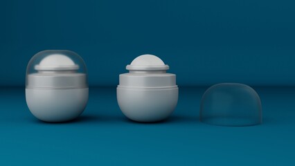 White plastic deodorant bottle with transparent cap mockup on blue background. 3D rendering