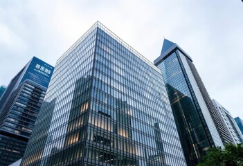 Obraz premium Office building glass and city skyline, ai