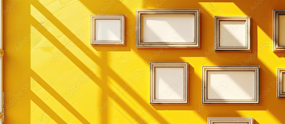 Aufkleber artistic frames hang against a vibrant yellow wall ready for use as a copy space image