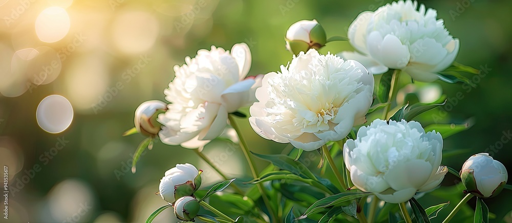 Poster blooming white peonies close up in a spring garden with a green natural background creating a beauti