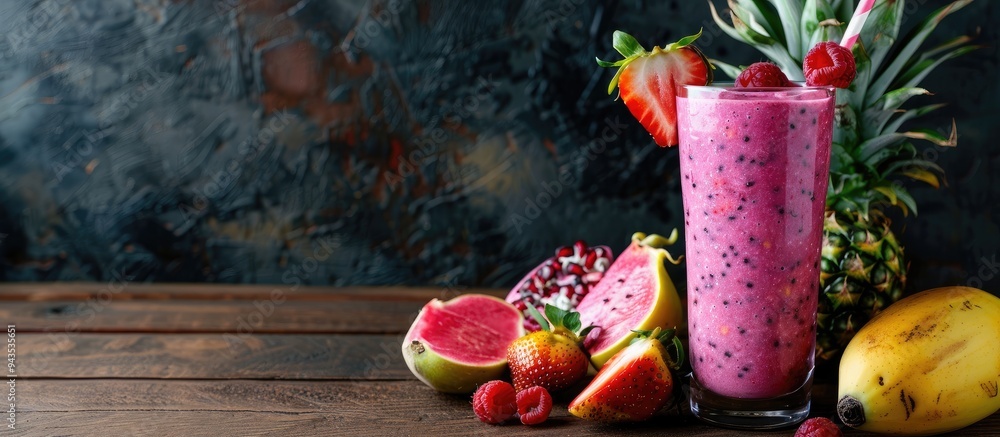 Poster a tempting pitahaya smoothie and fresh fruits arranged on a wooden table with ample copy space for a