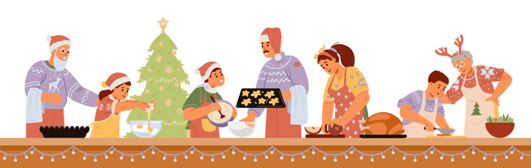 Family cooking food for Christmas dinner together flat vector horizontal banner. Parents, grandparents and children in Santa hats preparing for Christmas celebration illustration.