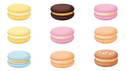 A selection of macarons, bakery element, flat design, pastel colors, isolated on white background