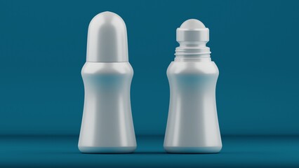 White plastic deodorant bottle mockup on blue background. 3D rendering