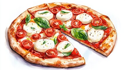 A pizza with buffalo mozzarella and tomatoes, food element, watercolor illustration, fresh and classic, isolated on white background