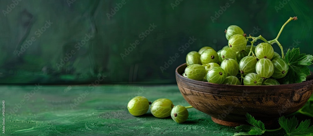 Poster fresh gooseberries displayed in a bowl on a green backdrop with copy space image included