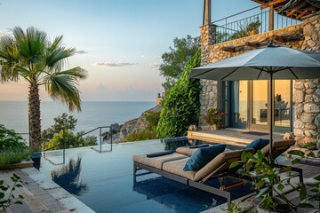 Fototapeta premium Beige and Blue Sunbeds with Umbrella by Pool Overlooking Cretan Sea at Chillyfiro Resort, Evening Light