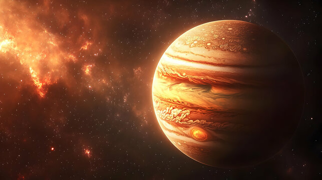 A close-up view of Jupiter with its iconic red spot and swirling clouds, set against a backdrop of stars and a swirling nebula.