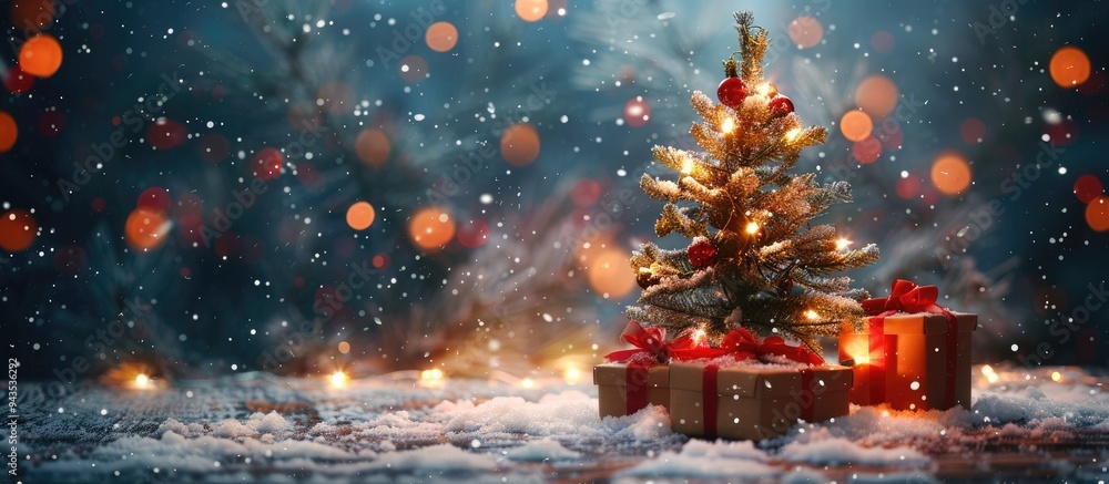 Poster Close up of a Christmas tree in the snow with gifts set against a glowing lights bokeh background providing ample copy space image