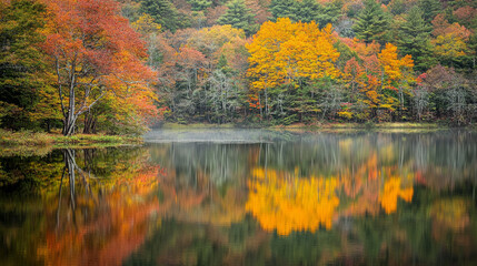 Fototapeta premium Serene lake with reflections of autumn trees