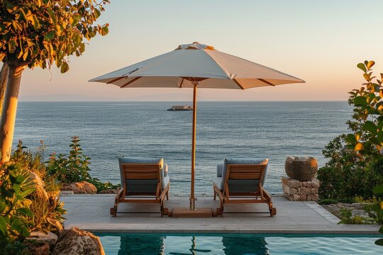 Beige and Blue Sunbeds with Umbrella by Pool Overlooking Cretan Sea at Chillyfiro Resort, Evening Light