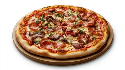 A pizza with a variety of meats, food element, 3D illustration, hearty and flavorful, isolated on white background